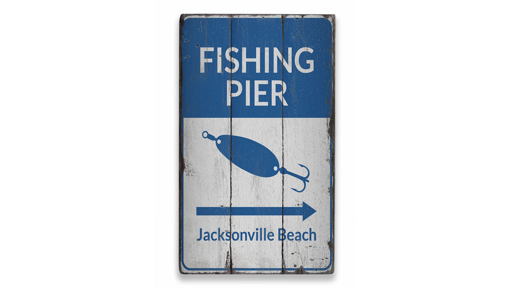 Fishing Pier Arrow Rustic Wood Sign