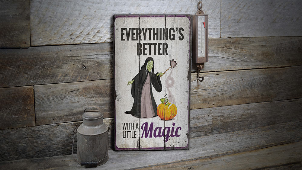 Witch and Pumpkin Rustic Wood Sign