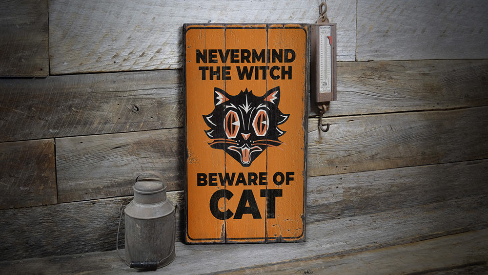 Beware of Black Cat Rustic Wood Sign
