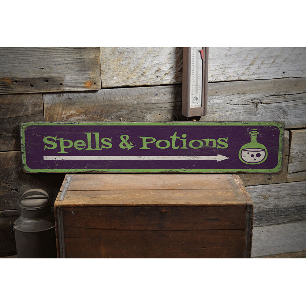 Spells and Potions Arrow Vintage Wood Sign