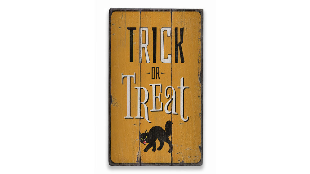 Trick or Treat Black Cat Rustic Wood Sign