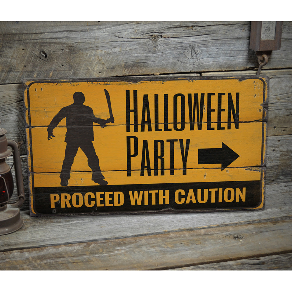 Halloween Party Caution Rustic Wood Sign
